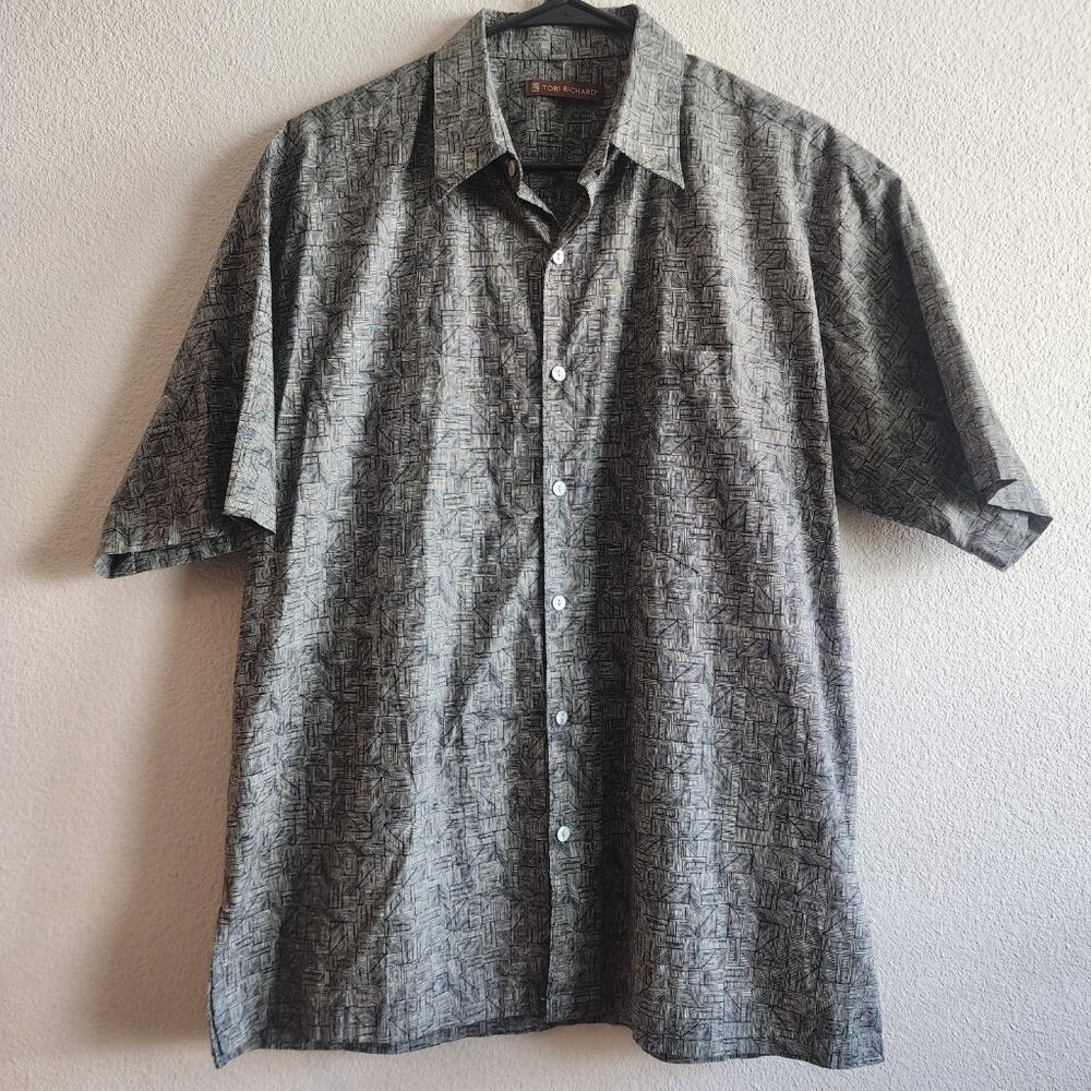 Tori Richard Shirt Mens Medium Gray Geometric Button Up Cotton Lawn Resort Aloha - Picture 1 of 10
